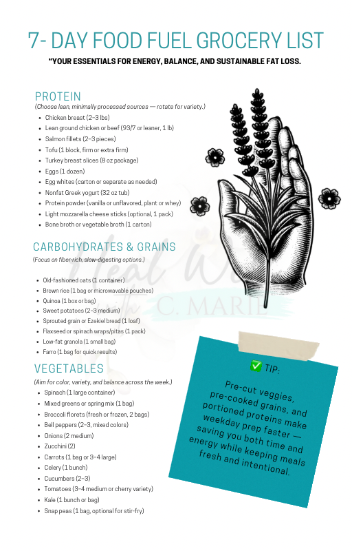 Food Fuel 7-day grocery list organized by food category